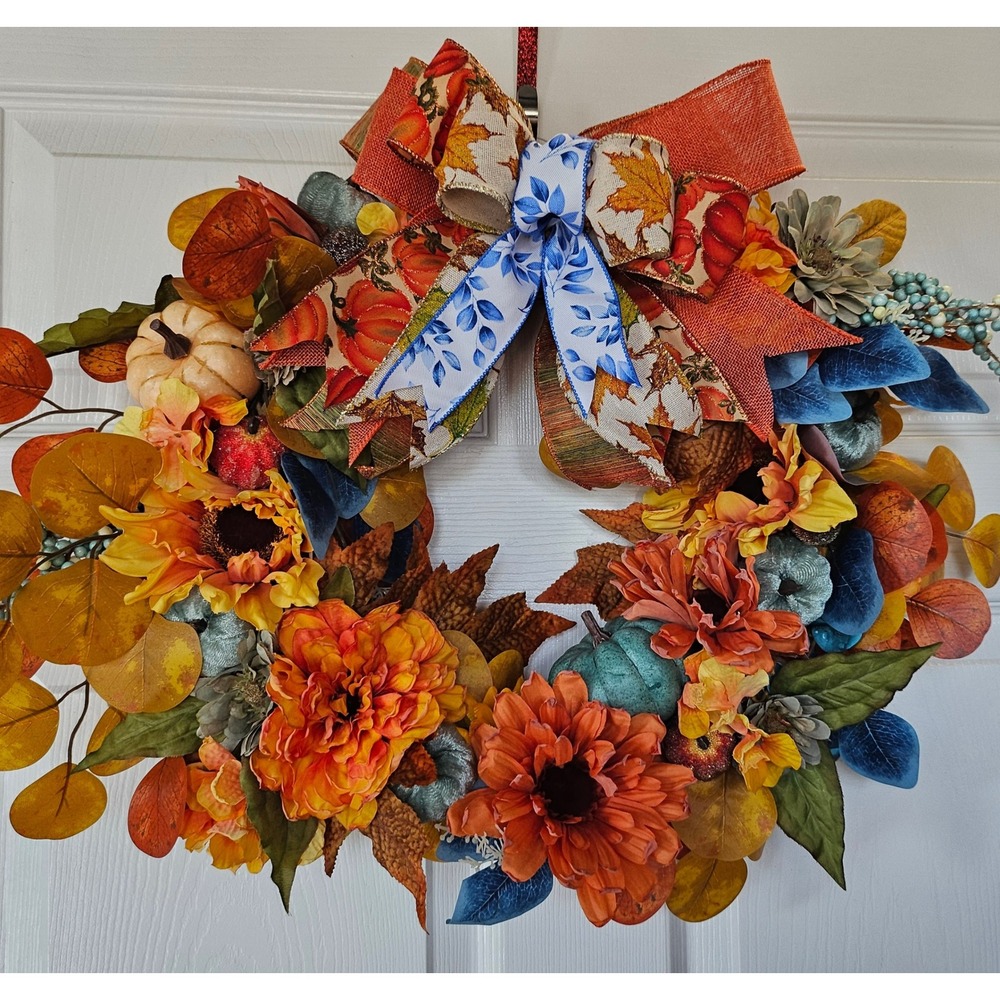 Handmade Fall Wreath Autumn Front Door Decor Teal Orange Pumpkins Sunflowers 24"